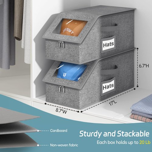 AOODA 2 PCS Stackable Hat Storage for Baseball Caps, Holds up to 24 Caps Cap Organizer for Closet, Sturdy Hat Boxes for Men with Cardboard, Slate Grey