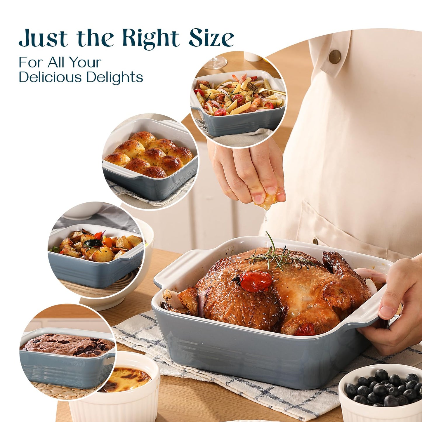 DOWAN 8x8 Baking dish, Square Baking Pan, Ceramic Casserole Dishes for Oven, Cake Pan with Handle, for Brownie, Lasagna, Casserole, 2 Quart, Home Gift, Airy Blue