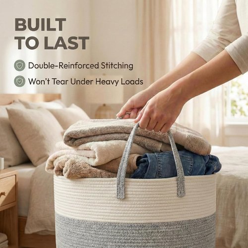 JMvicyroam 65L Extra Large Blanket Basket - Woven Cotton Rope Laundry Hamper with Handles | Machine Washable, White & Grey