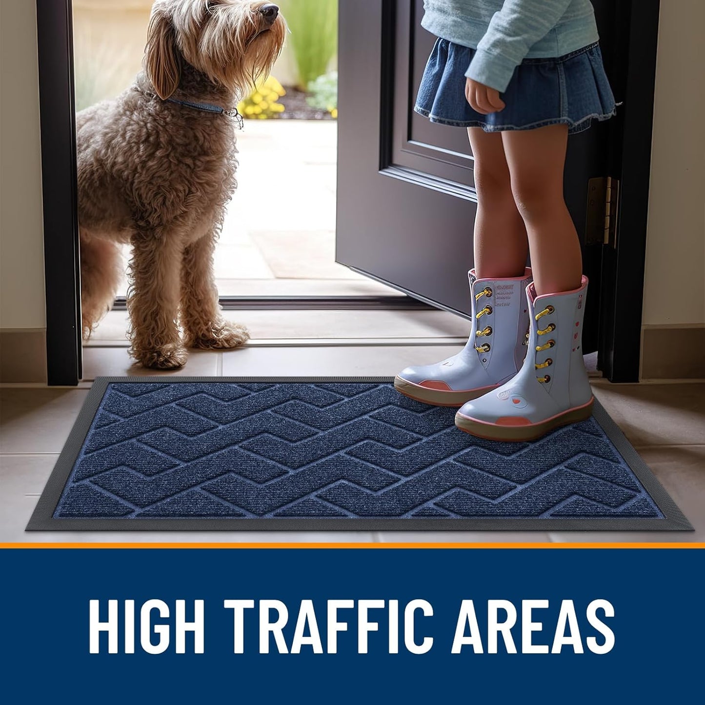 OLANLY Waterproof Front Door Mat | All-Season Herringbone Design | Easy Clean Natural Rubber | 29.5"x17" (Blue)