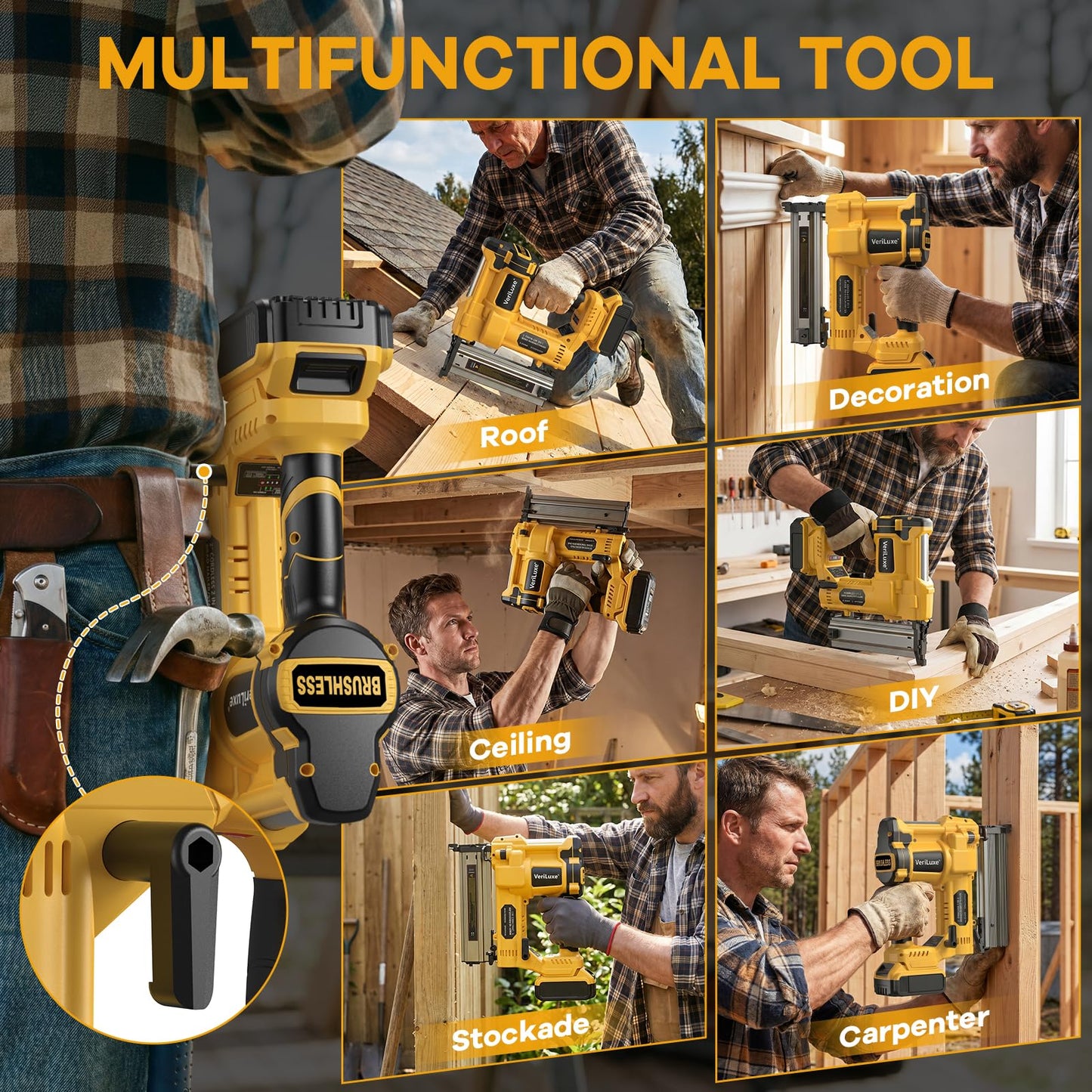 Cordless 2" Brad Nailer Compatible with Dewalt 20V Battery (No Battery), 2-in-1 Electric 18 GA Nail Gun/Staple Gun Battery Powered with 1200 Nails/Staples, 2 Modes, Adjustable Depth, Safety Nose, LED