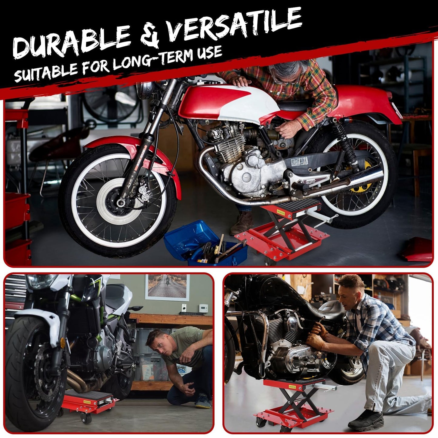 1200 LBS Motorcycle Lift, Dirt Bike Scissor Jack Lift Table with Hand Crank & Caster Wheels, 4.7"-15.4" Height Adjustable Center Hoist Stand for ATVs, Cruiser, Touring Motorcycles