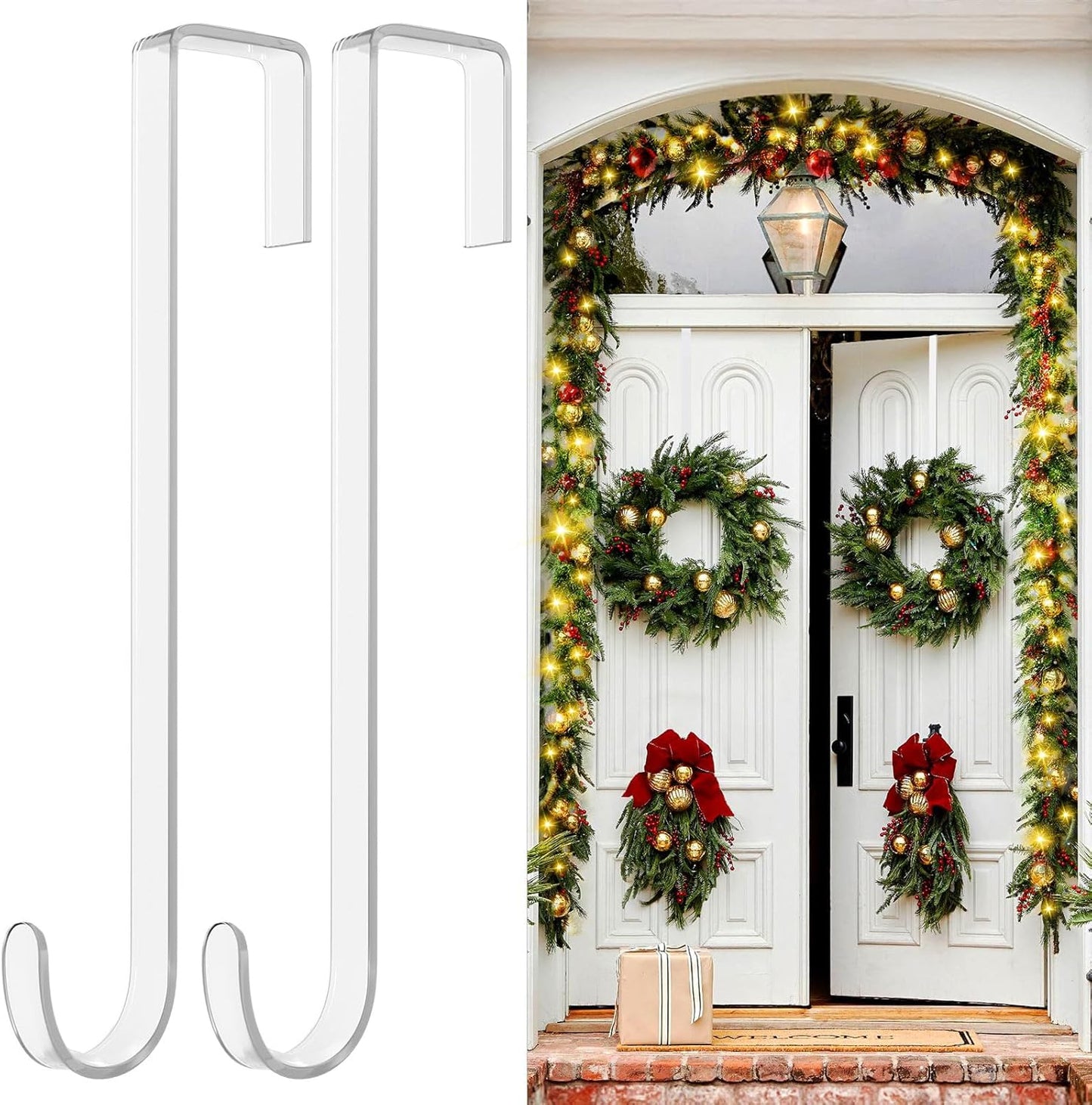 Skiennix 12-Inch Wreath Hangers - Clear Over-The-Door Hooks, 2-Pack Non-Scratch Design for Holiday Decor