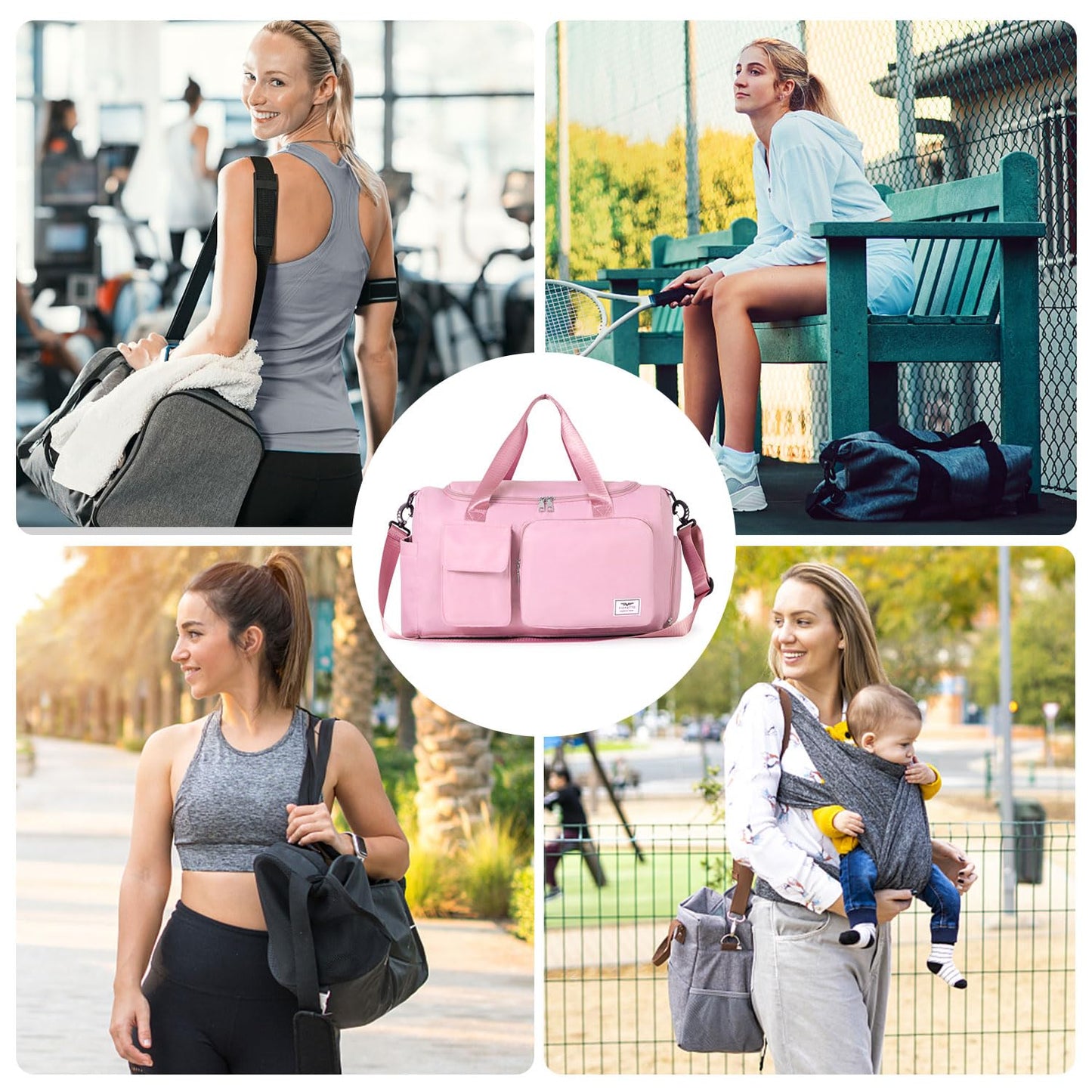 FIORETTO Women's Gym Duffle Bag with Shoes Compartment, 30L Capacity, Ideal for Travel, Gym, Sports, Duffel, Weekender, with Toiletry Bag, Pink