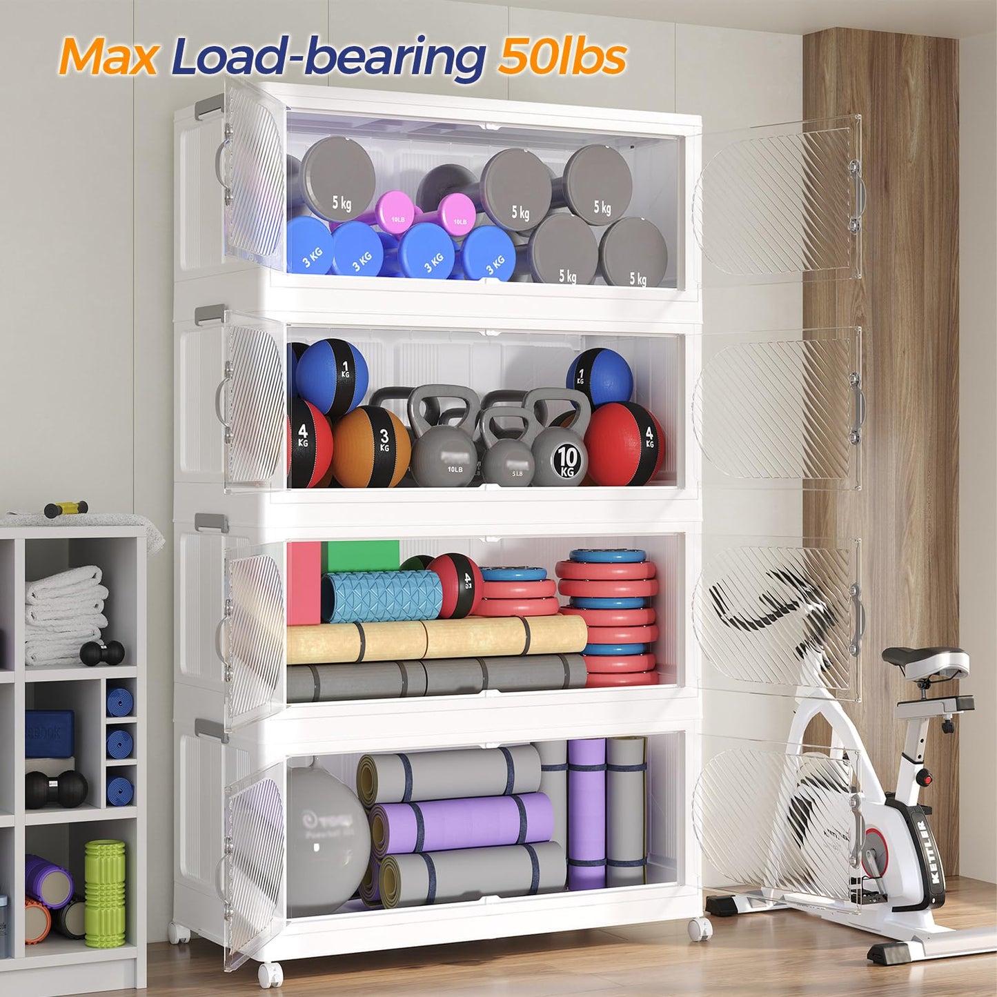 HOCRYPTA 150Gal/600QT 5-Tiers Extra Large Stackable Storage Bins with Lid, Collapsible Cabinet Closet Organizer Plastic Container Box with Wheels Doors Drawers for Living Room Kitchen Office, White