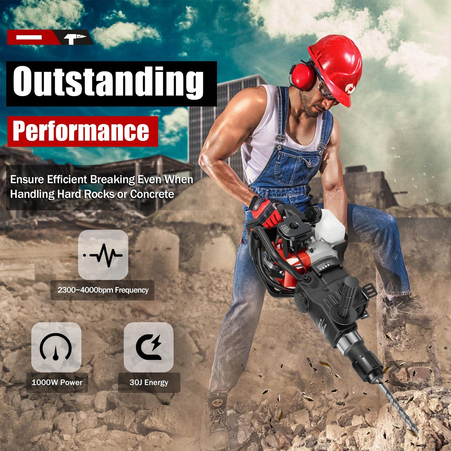 33CC 1000W Gas Powered Jack Hammer, 2-Stroke Hammer Drill, Drilling Machine Breaker Punch Drill Chisels Heavy Duty Gasoline Concrete Breaker Rock Drill for Concrete Breaking, Construction