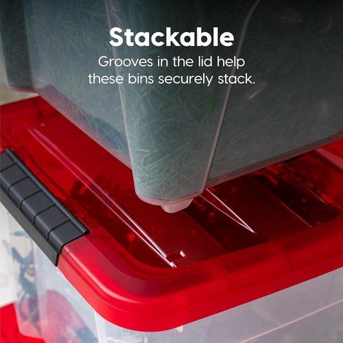 IRIS USA Stackable Plastic Storage Bins - 19 Qt, BPA-Free, Durable, 4 Pack, Red with Lids