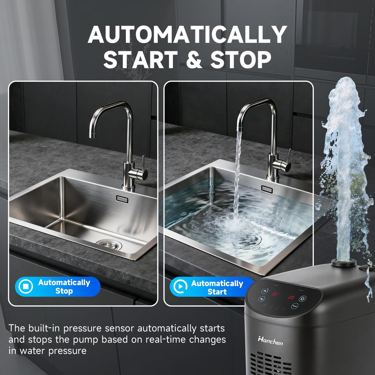 Hanchen Whole House Water Pressure Booster Pump, Adjustable Pressure, Variable Speed, Self-Priming, Built-in Check Valve for Home, Shallow Well, Shower, Garden