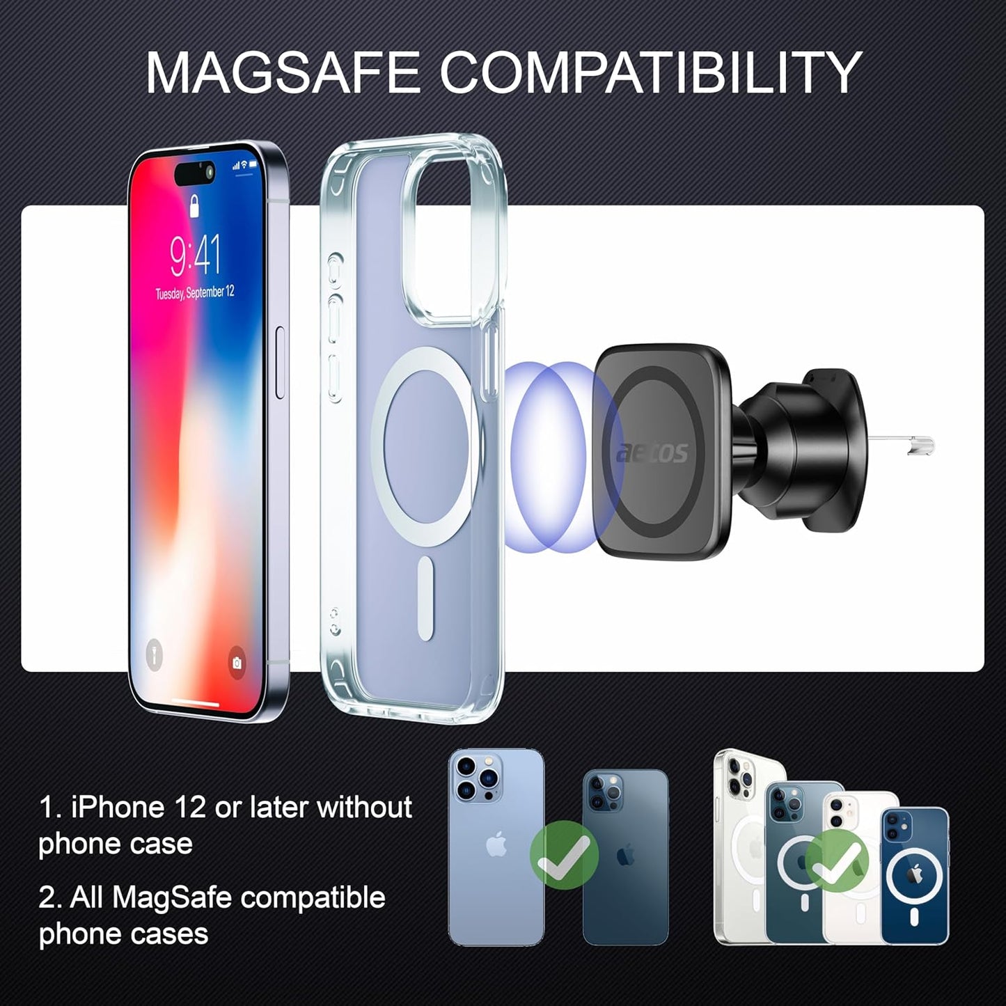 aetos 20 N52 17 16 15 14 13 12 for MagSafe Car Mount. Elegant Magnetic Air Vent Phone Holder with Strong Magnets
