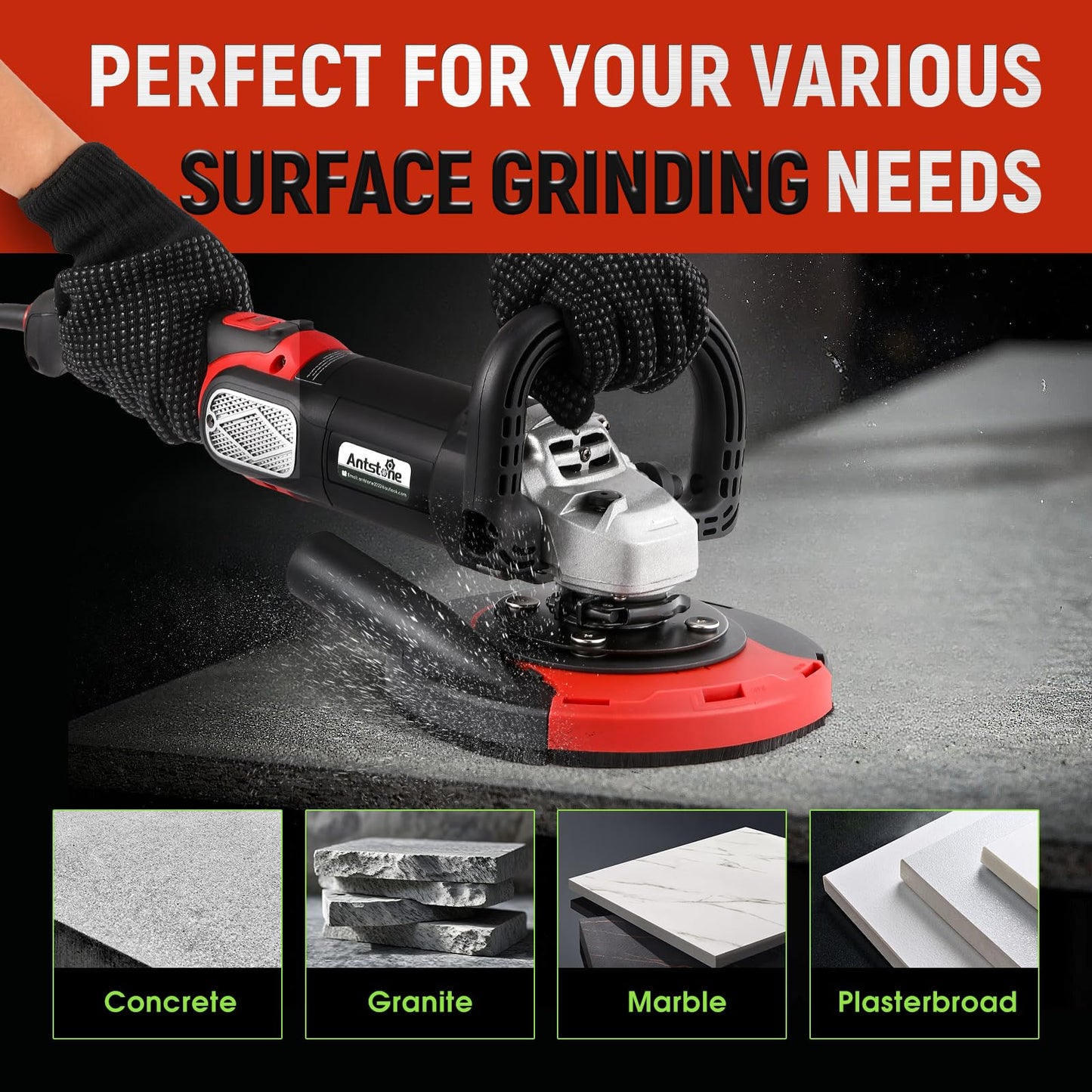 Antstone 7 Inch Concrete Grinder Set Concrete Surface Planer with Dust Extraction Shroud 1580W 3000RPM Angle Grinder Kit with Auxiliary Handles, Protective Guard, Diamond Grinding Wheel