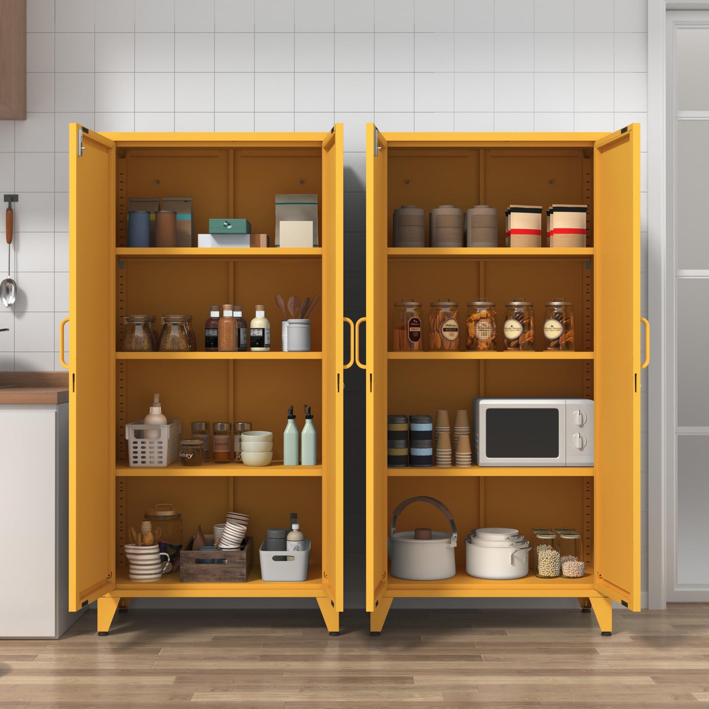 Aiasuit Lockable Metal Pantry Cabinet with 3 Adjustable Shelves, Heavy Duty 4-Tier Storage Organizer, 2-Door Locker for Kitchen & Entryway and Hallway Yellow