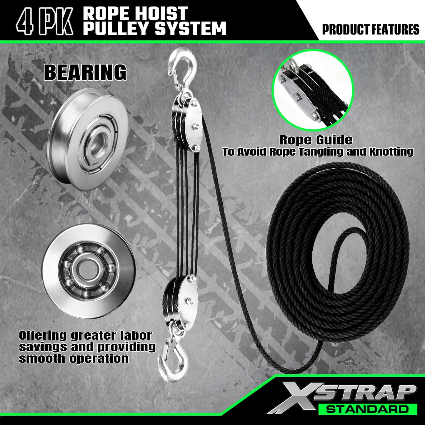 XSTRAP STANDARD Heavy-Duty 2,000 LB Breaking Strength 50 FT Rope Hoist, Metal Wheels Bearing Structure, 1000 LB Work Load Block and Tackle Pulley System for Lifting Heavy Objects, with 2pcs Soft Loops