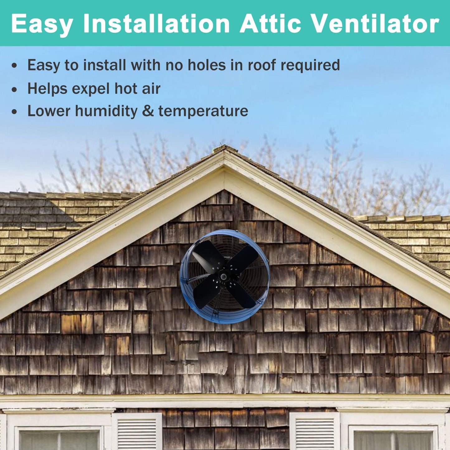 Hipoilk Gable Mount Attic Fan with Adjustable Thermostat, 15 Inch Exhaust Fan for Attic, Garage, Shed, Shop Ventilation, 1600 CFM, 1050 RPM, 2400 SQF Coverage Area