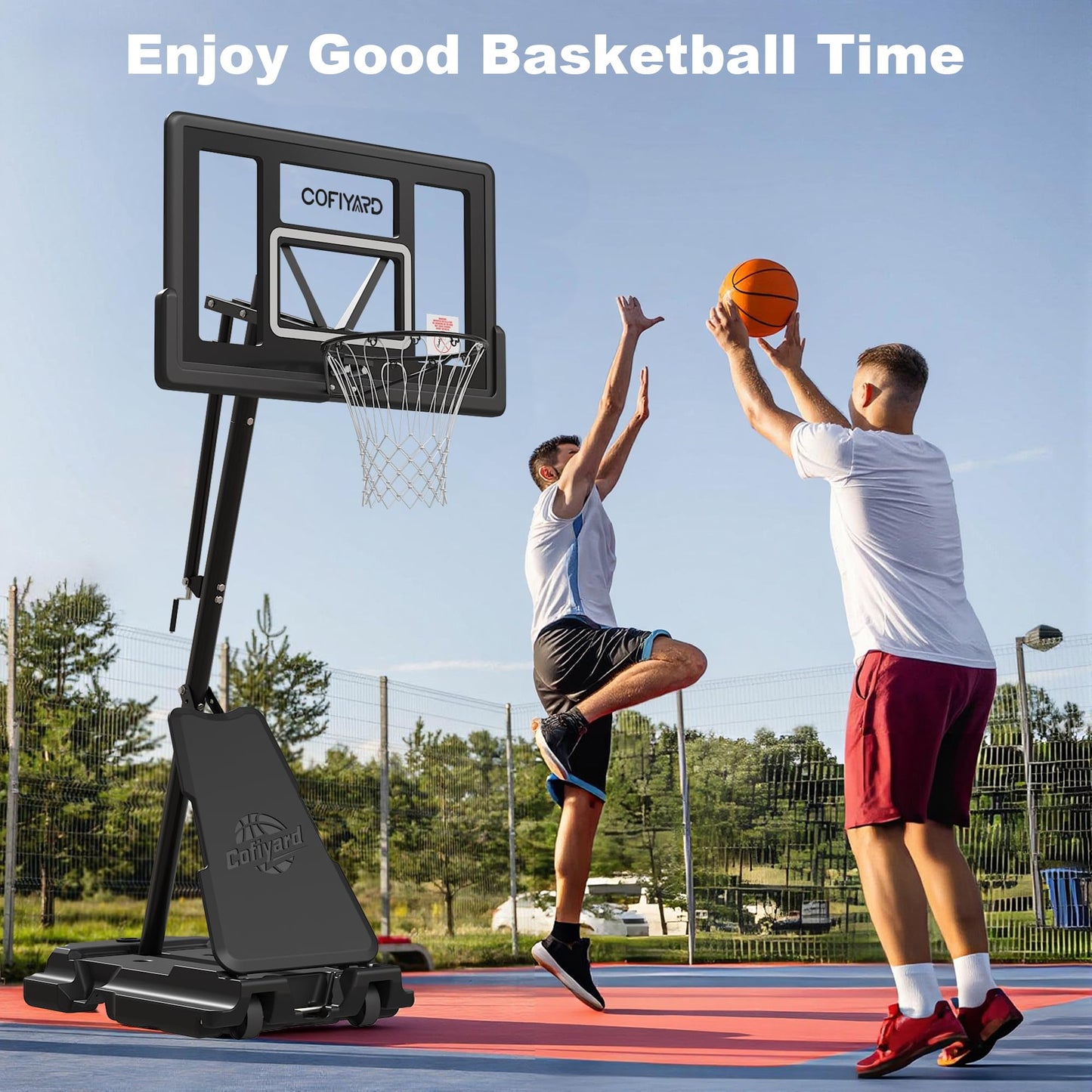 Cofiyard Basketball Hoop Outdoor with 44&48&54In Shatterproof Backboard, 5.25-10FT Height Portable Basketball Hoop with Sandbag, Adjustable Basketball Goal System