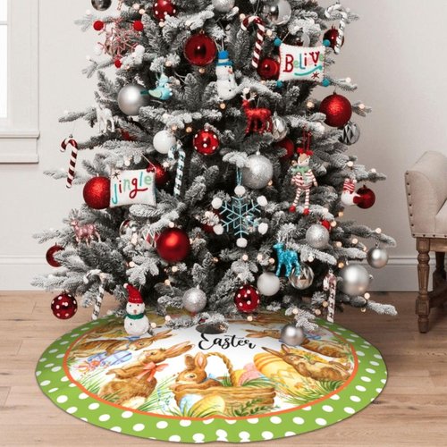 Happy Easter Cute Rabbit Eggs Green Polk 36 Inch Christmas Tree Skirt Carpet Mat Funny Party Soft Cover Mat Decor Supplies for Xmas Halloween Decorations Occasion Farmhouse