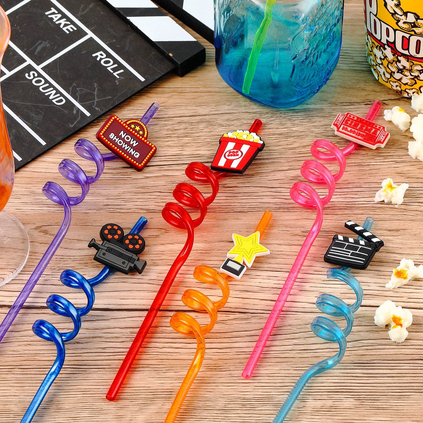Suclain 24 Pack Movie Night Party Supplies Movie Night Drinking Straws PET Projector Popcorn Trophy Plastic Straws Red Carpet Party Favors Decorations(Stylish)