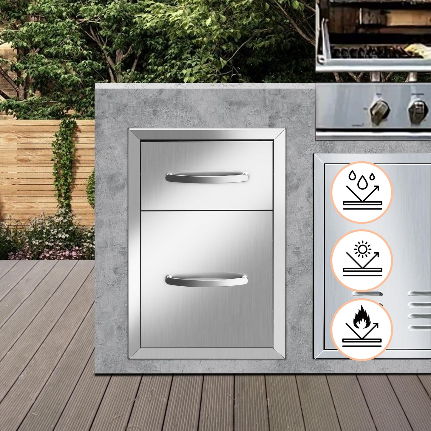 Migoda Outdoor Kitchen BBQ Drawers Stainless Steel Built-in with Handle Weatherproof Storage for Outdoor Grill Station Accessories (13''W x 20.5''H x 21''D)