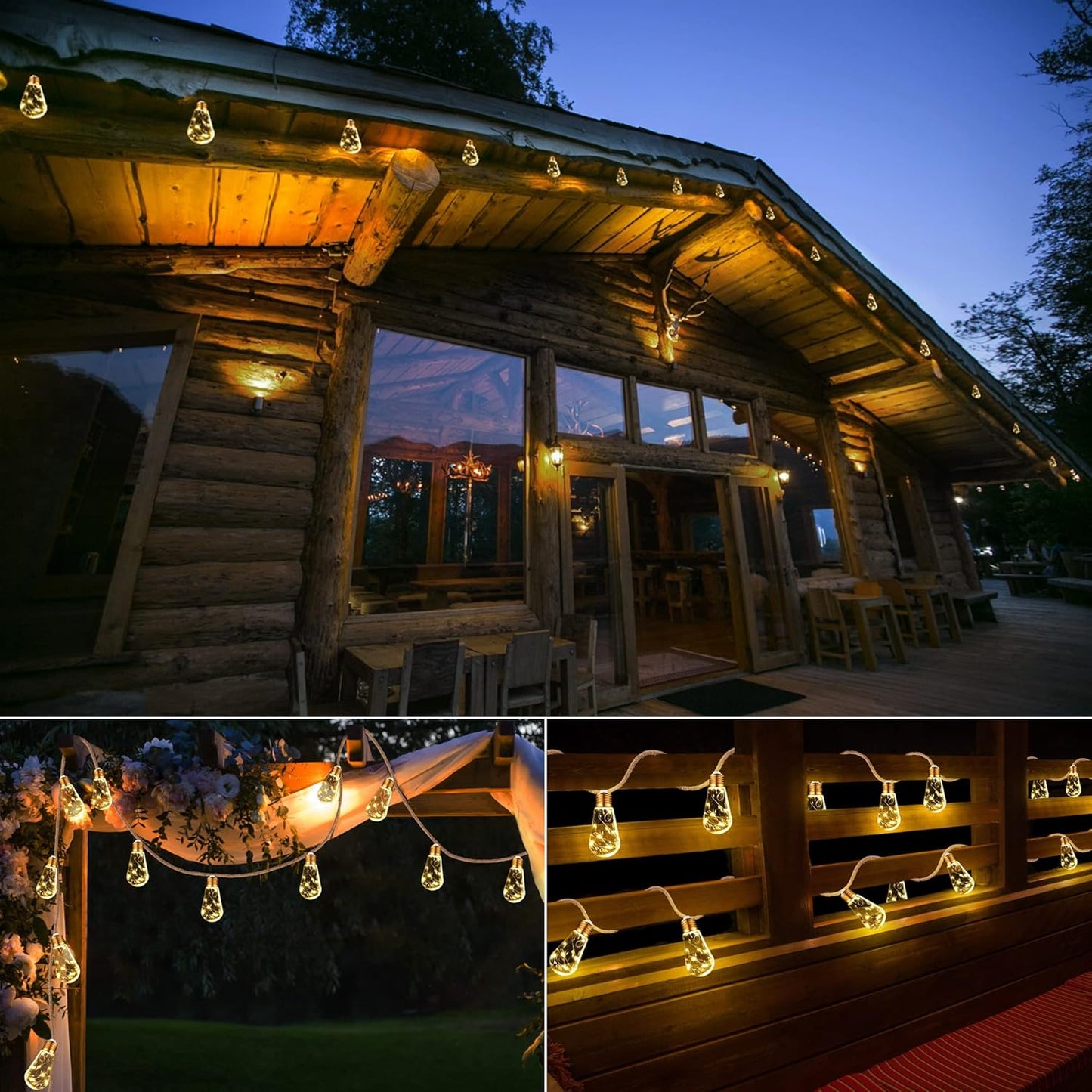 Skiennix Solar Outdoor String Lights - 20Ft Vintage Rope Hemp | Waterproof Warm White with 8 Modes & 16 Shatterproof Bulbs