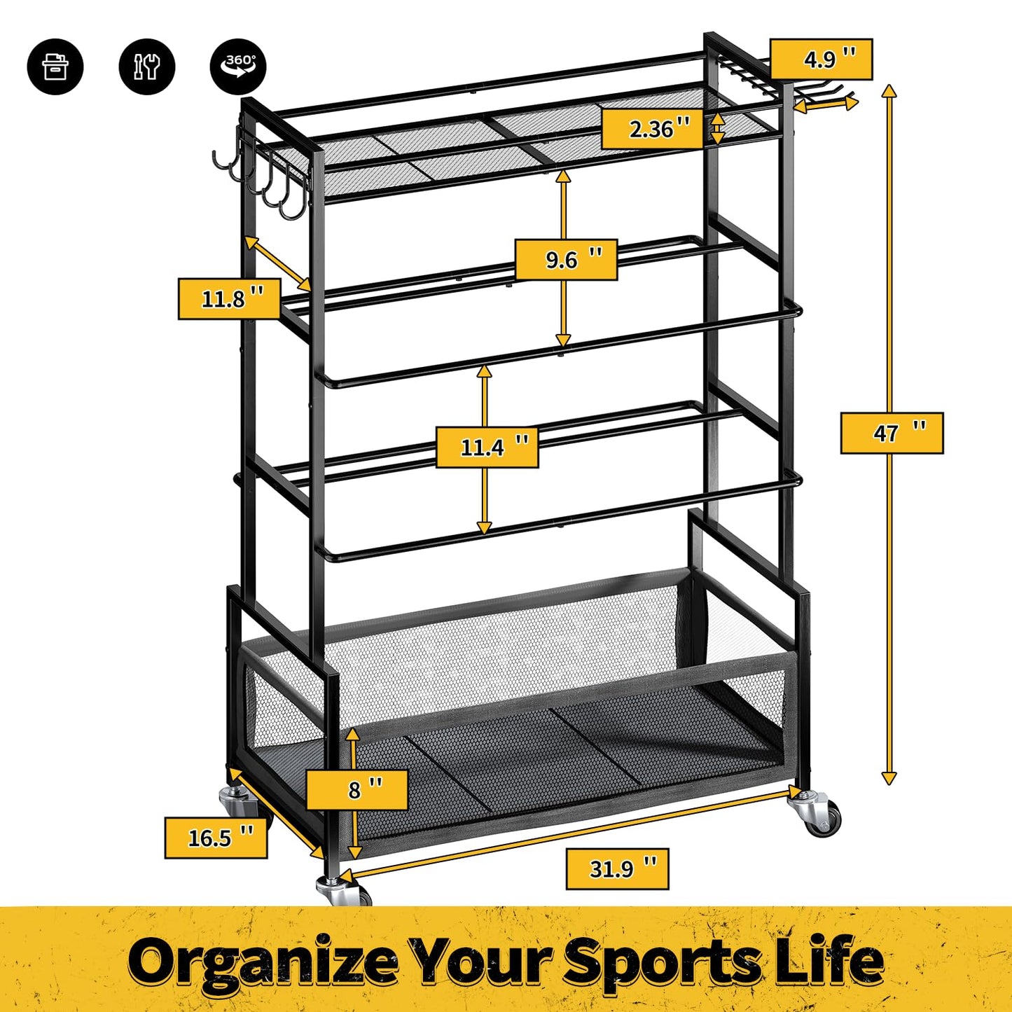 SOYEEZE Sports Equipment Organizer- Ball Storage for Garage,4 Tiers Outdoor Toy Storage,Soccer Racks,Basketball Shooting Training Stand Cart with Wheels and Hooks for Home-School and Gym Use