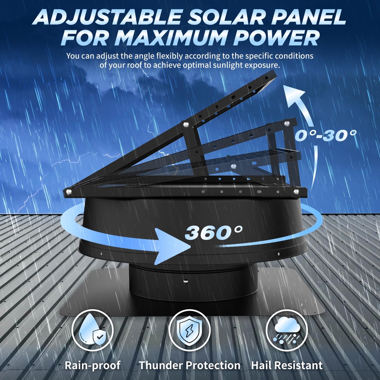 BINGLUX 55W Solar Attic Fan with Thermostat, 12" 1300CFM Hybrid Solar Roof Vent Fan, Brushless Waterproof Solar Powered Attic Exhaust Fan Auto On/Off for Roof, Attic, Garage, Shed, Greenhouse