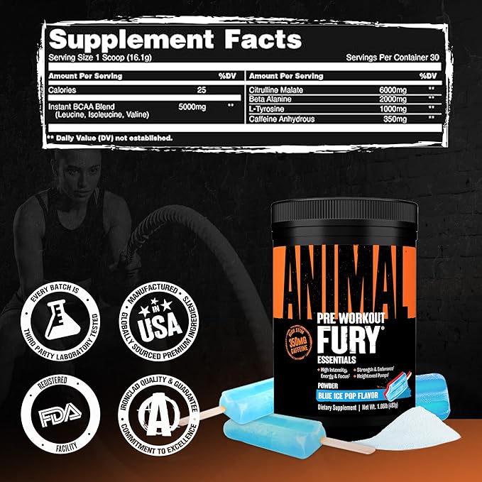 Animal Fury Pre Workout Powder ??Blue Ice Pop, 350mg Caffeine, BCAA Amino Acids, 2g Beta Alanine, Citrulline & Tyrosine, Energy, Focus, Strength, Endurance, Preworkout for Men & Women, 30 Servings