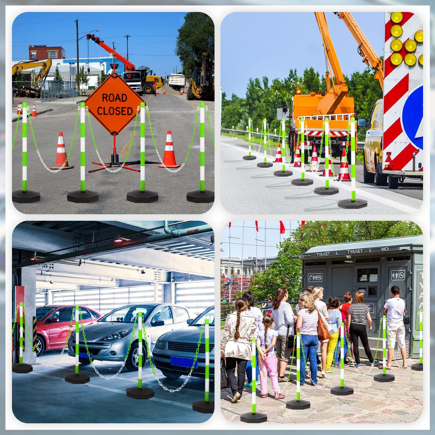 Amylove 9 Packs Traffic Delineator Post Cone with Base, Traffic Cones Safety Cones Caution Cones Plastic Stanchion Chain Safety Barriers with 6.6 Feet Link Chain and S Hooks for Parking Lot (Green)