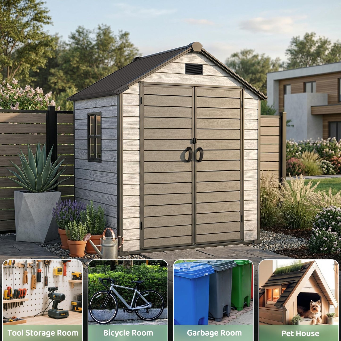 EHHLY 6x4.4 FT Outdoor Storage Shed with Floor, Durable 16mm Resin Shed for Backyard & Patio, Waterproof Lockable Tool Shed with Window & Vents for Bikes, Lawn Equipment & Garden Tools, Gray