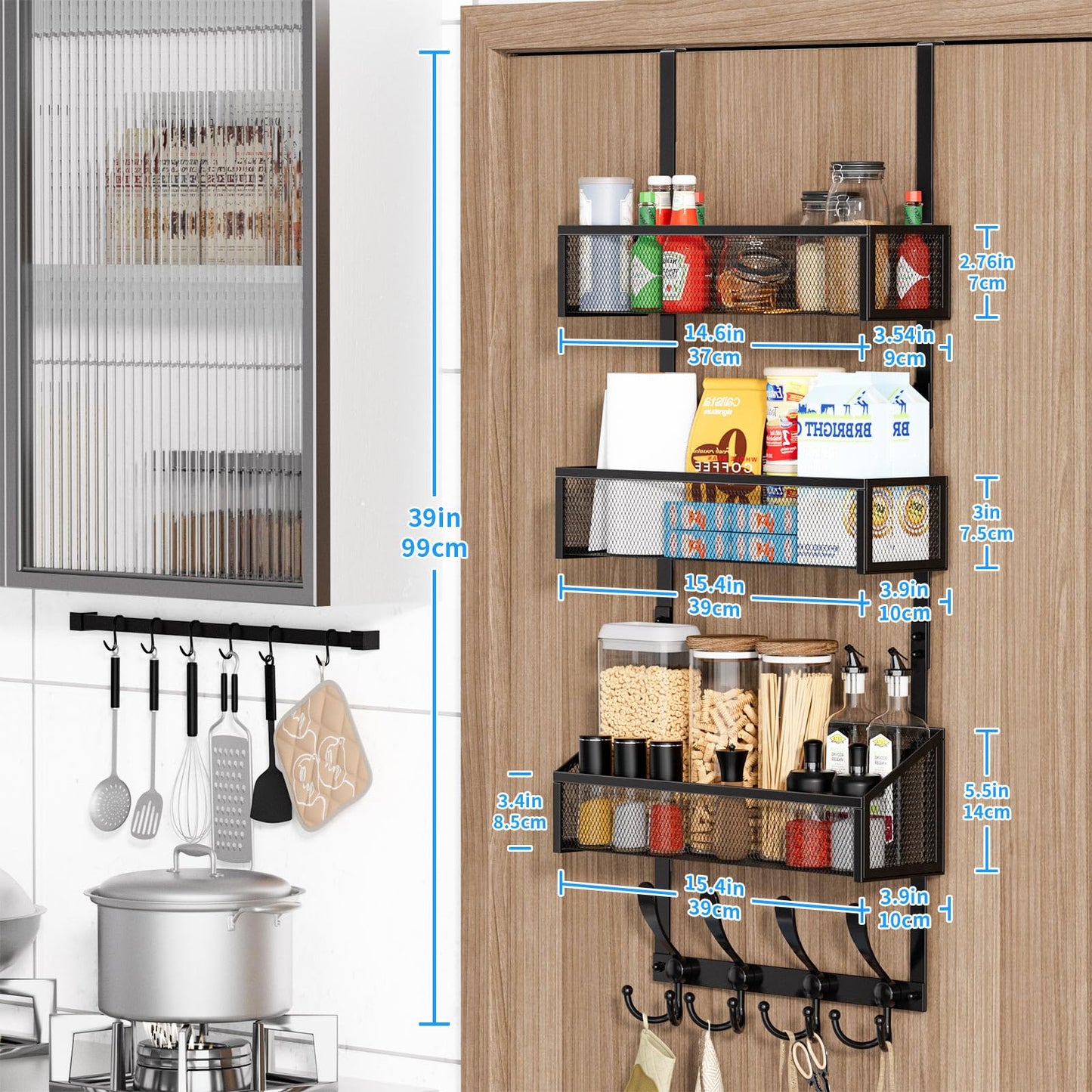 Kaiferty Over The Door Hooks Organizer, Coat Rack Over The Door Storage Hanger Towel Rack, Back of Door Storage Organizer for Bathroom,Bedroom,Kitchen,Office (Black, 4-Tier)