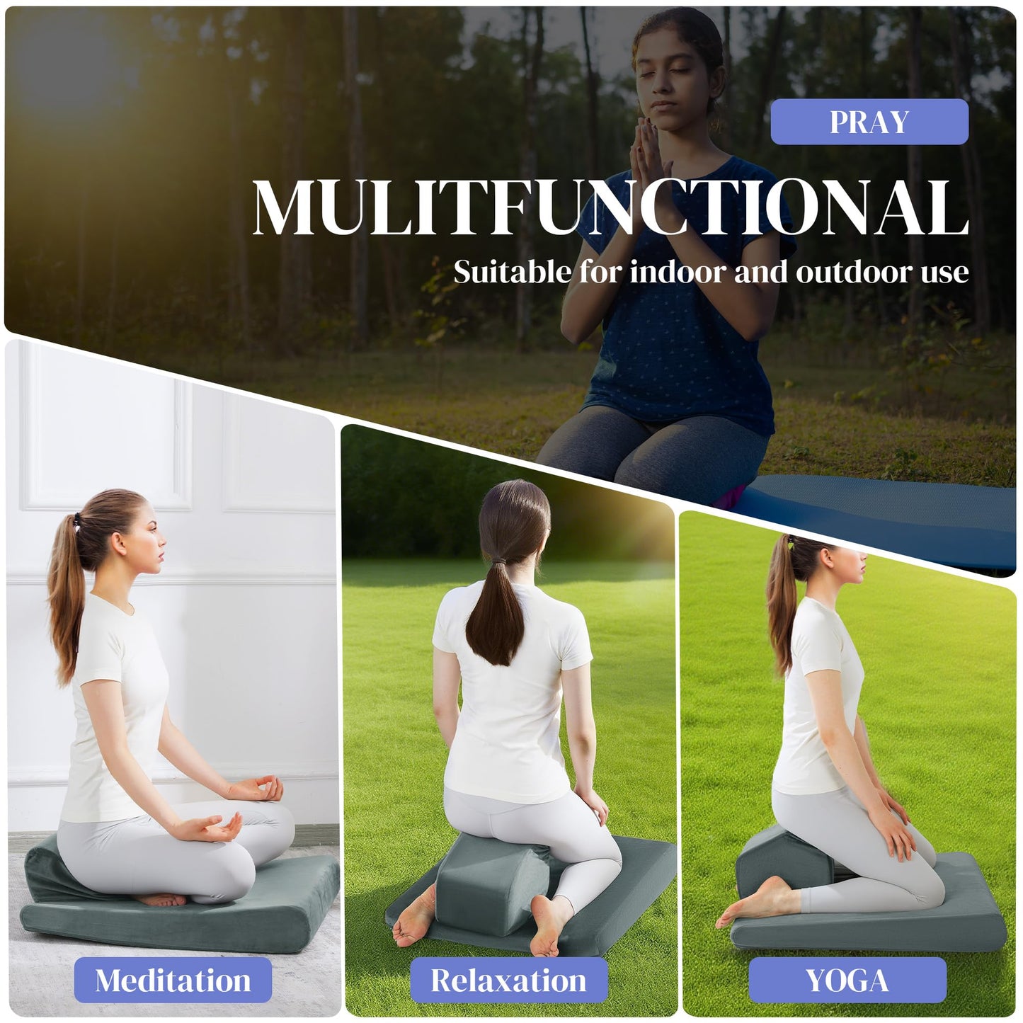 HOMBYS Large Meditation Cushion Foam Meditation Pillows for Sitting on Floor, Yoga Pillow for Adult, Meditation Mat with 2 Knee Cushions and Hip Support-3 Shapes for Different People (Green)