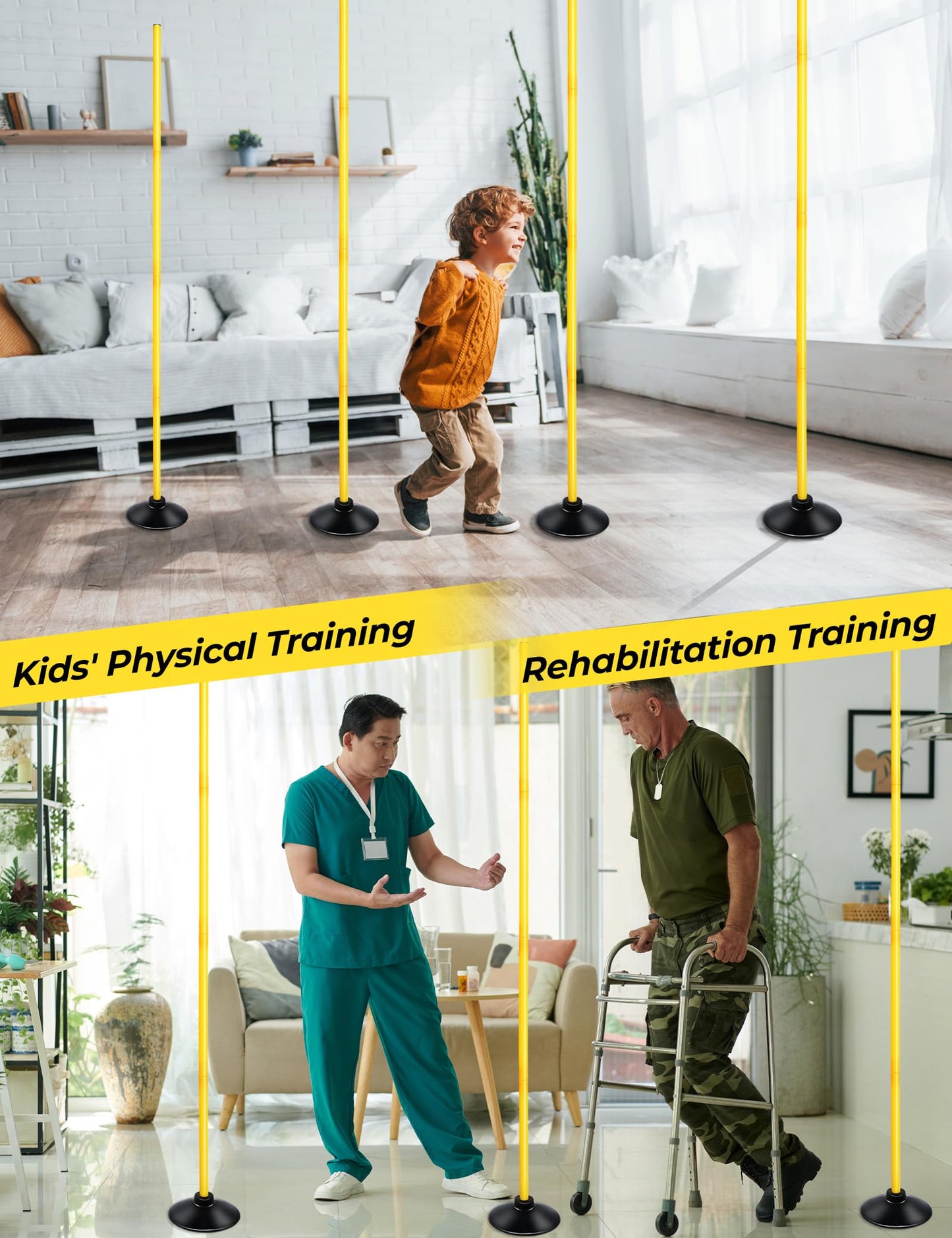SEAOTTER Soccer Agility Poles Set, 4/6/10 Pcs 6FT Detachable Sports Trainning Speed Poles Slalom Poles with Rubber Base, Agility Training Equipment for Football, Rugby, Basketball, Indoor & Outdoor