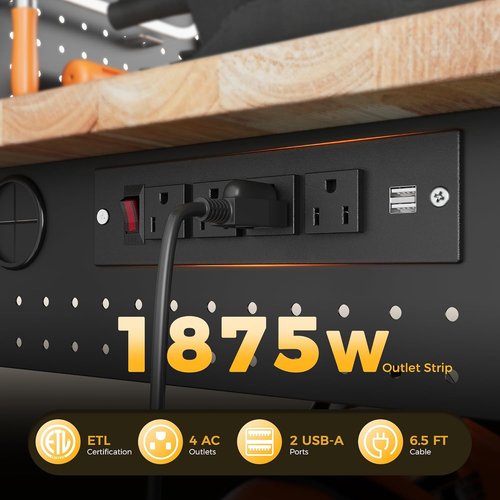 CAMMOO 60" Adjustable Height Work Bench - Heavy Duty Rubberwood Tabletop with Storage Shelf & LED Light