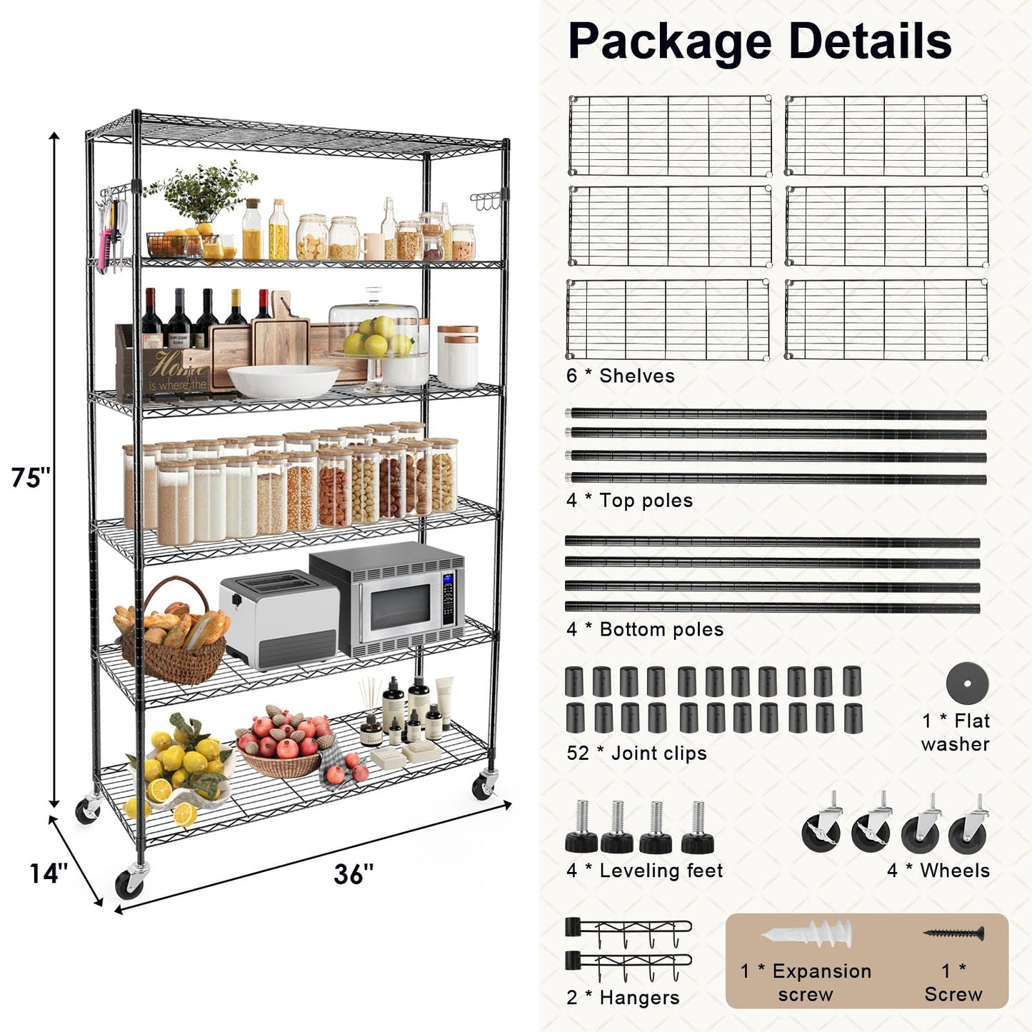 YNN Storage Shelves,2100Lbs 6 Tier Heavy Duty Metal Rolling Shelving Unit with Wheels & 8 Hooks, Adjustable Garage Wire Rack for Kitchen, Bathroom,Industrial,Pantry(36" W x 14" D x 72" H,Black)