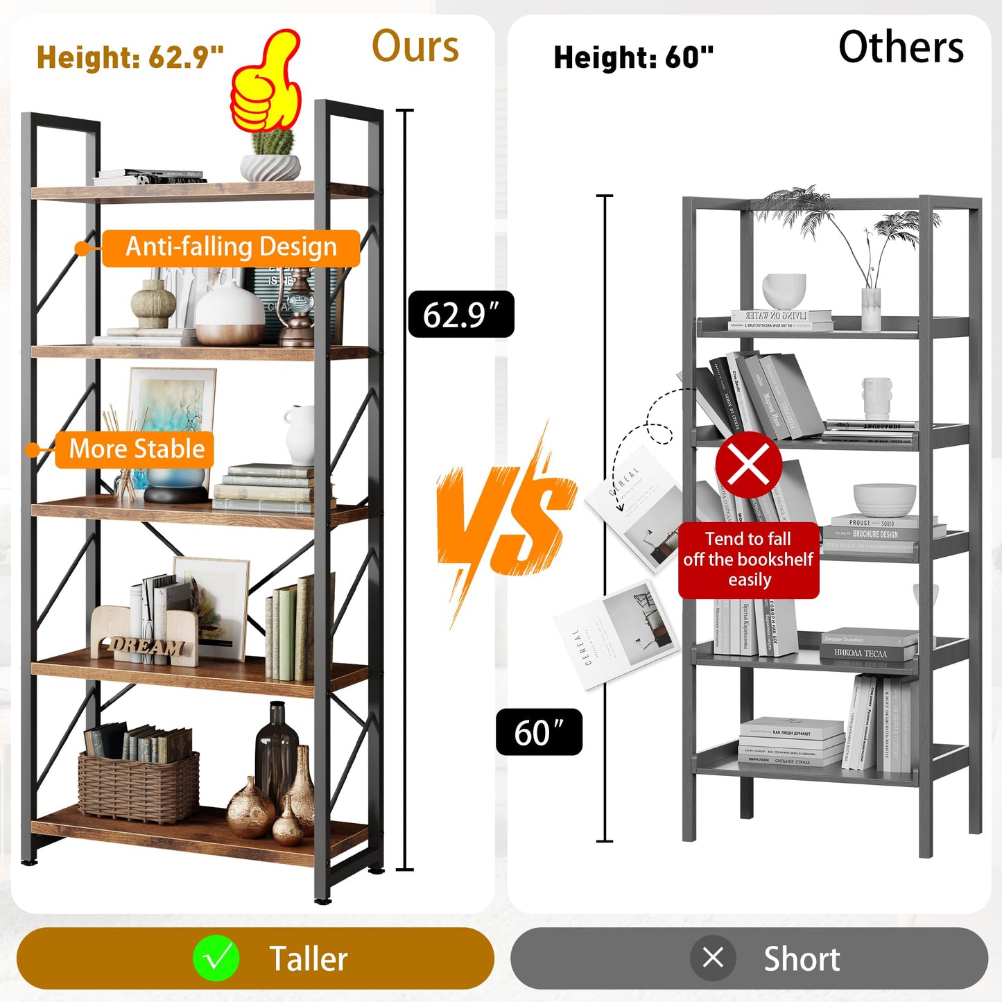 5 Tiers Bookshelf, Classically Tall Bookcase Shelf, Industrial Book Rack, Modern Book Holder in Bedroom/Living Room/Home/Office, Storage Rack Shelves for Book, Brown