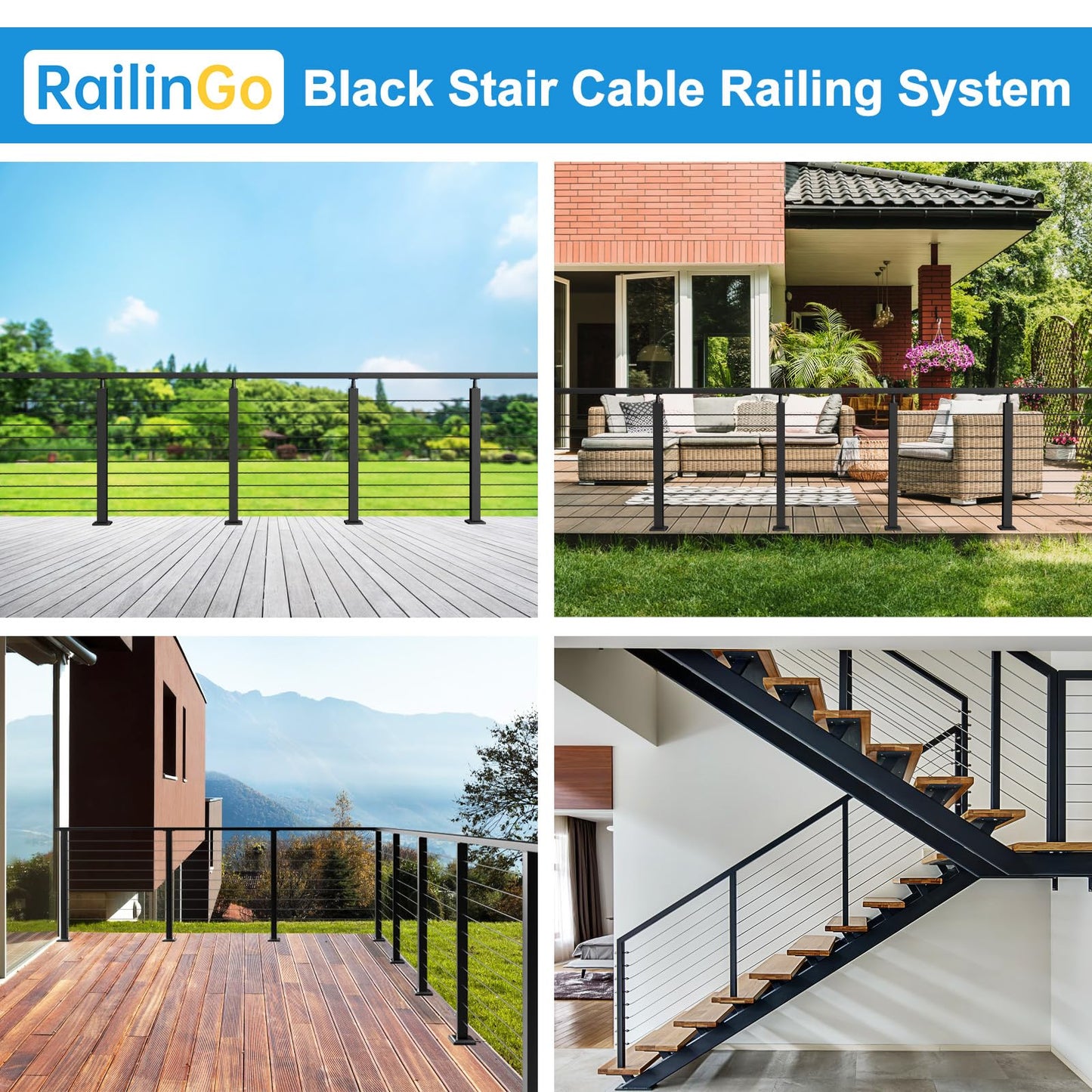 RailinGo 2Pack 6'6'' Rectangular Cable Railing Handrails, Black Stainless Steel Handrail with Nylon End Caps for Stair Cable Railing System, 6.5FT Cuttable Deck Cable Rail Post Handrail, RG01-H