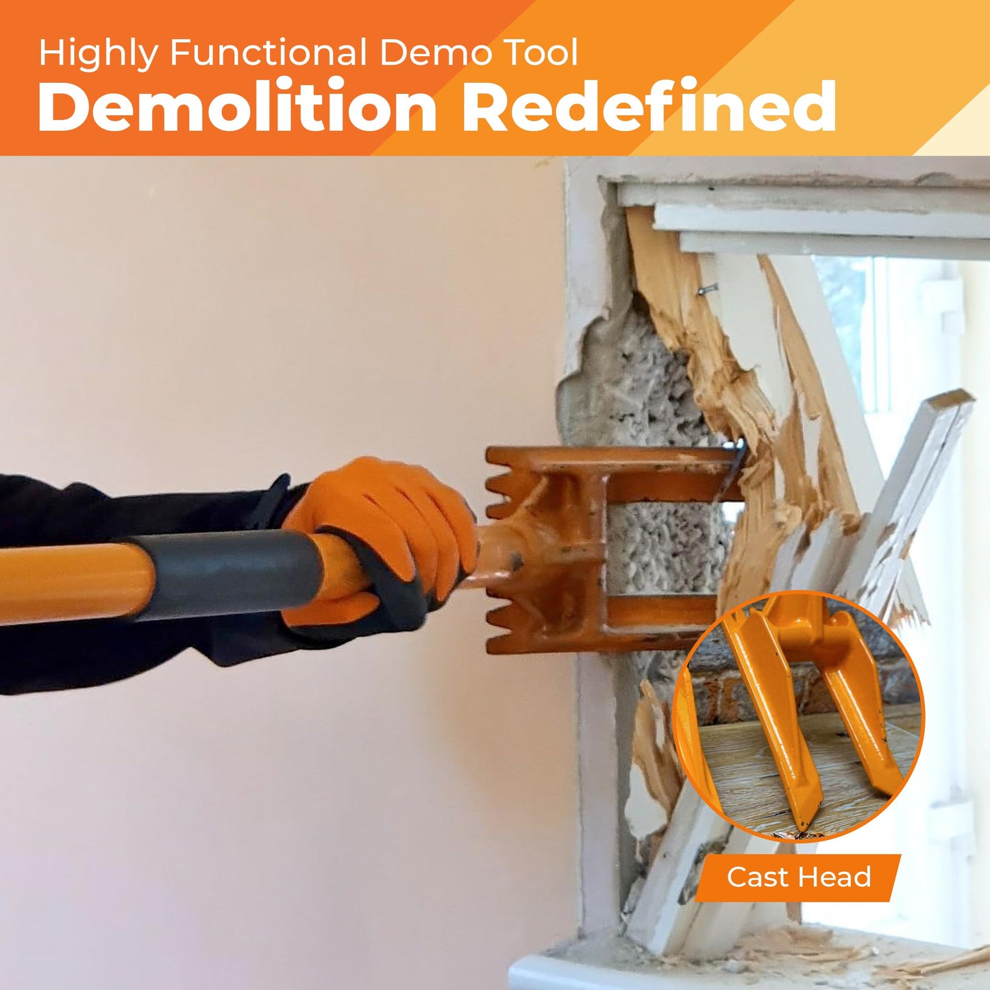 Gutster 48” Demolition Pry Bar & Crowbar – Round Handle Wrecking Bar for Ceiling & Wall Demo – Heavy Duty Nail Puller Tool for Contractors, Firefighters & Home Renovations