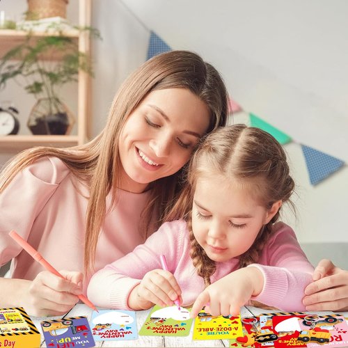 Fancy Land Valentine's Day Cards - 30 Pack Construction Theme with Keychains for Kids' Classroom Gifts