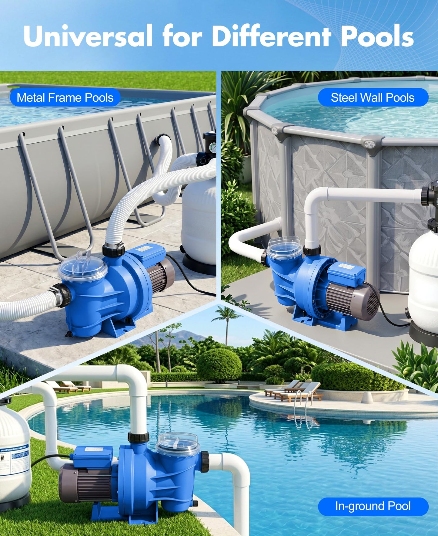 BluSwim 1.5 HP Self-Priming Pool Pump, Max 6060GPH High Flow & 52FT Head Lift Energy Efficient in/Above Ground Pool Pump, w/ 1.25"/1.5"/2" Hose Fittings, Boost Water Circulation & Filtration