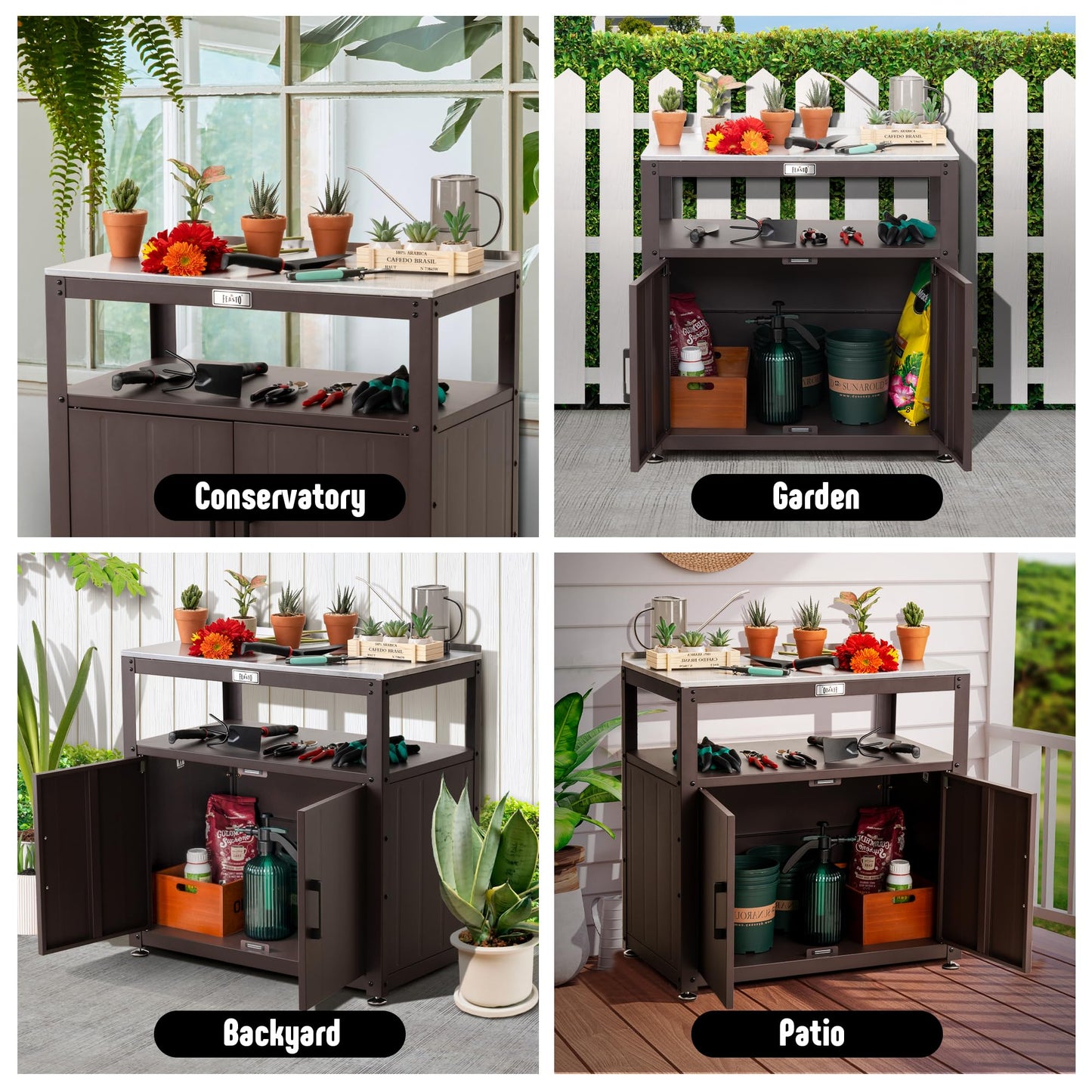 Feasto Outdoor Potting Bench with Storage, Stainless Steel Tabletop Garden Work Bench with Storage Cabinet & Removable Inner Shelf for Patio Lawn Outdoor Gardening