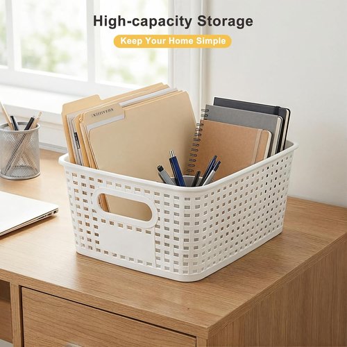 AREYZIN 6-Pack Plastic Storage Bins - Stackable Organizing Baskets with Lids | Small 10.2x7.2x4.1 Inch, White