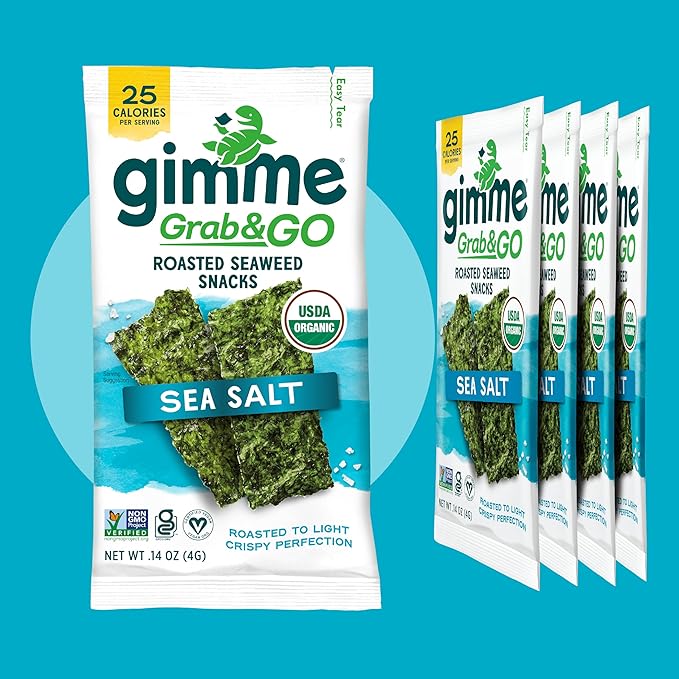 Gimme Seaweed Grab & Go Organic Premium Roasted Seaweed Snacks, Sea Salt, 5 Count Trayless, Keto, Vegan, Gluten-Free, Great Source of Omega3s and Iodine, Healthy On-The-Go Snack for Kids and Adults