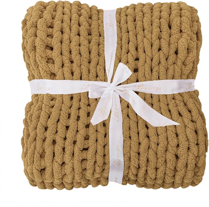Bigacogo Chunky Knit Throw Blanket for Couch, 40x80 inches, 100% Hand Knitted with Thick Jumbo Chenille Yarn, Cozy Soft Large Rope Knot Cable Crochet Blankets for Sofa Bed Living Room, Goldenrod