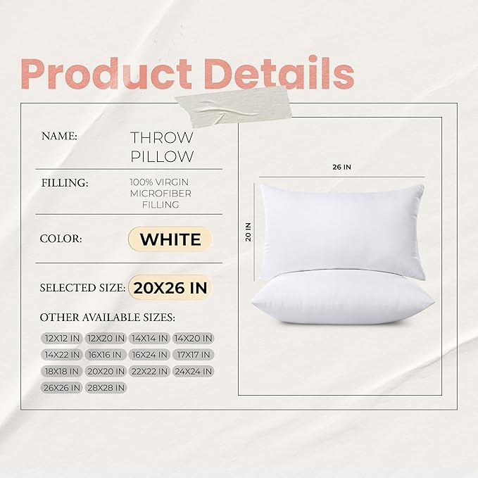 Utopia Bedding 20x26 Pillow Inserts, Set of 2, White – Indoor Decorative Throw Pillows for Bed, Sofa & Couch – Soft, Supportive & Fluffy Cushion Inserts