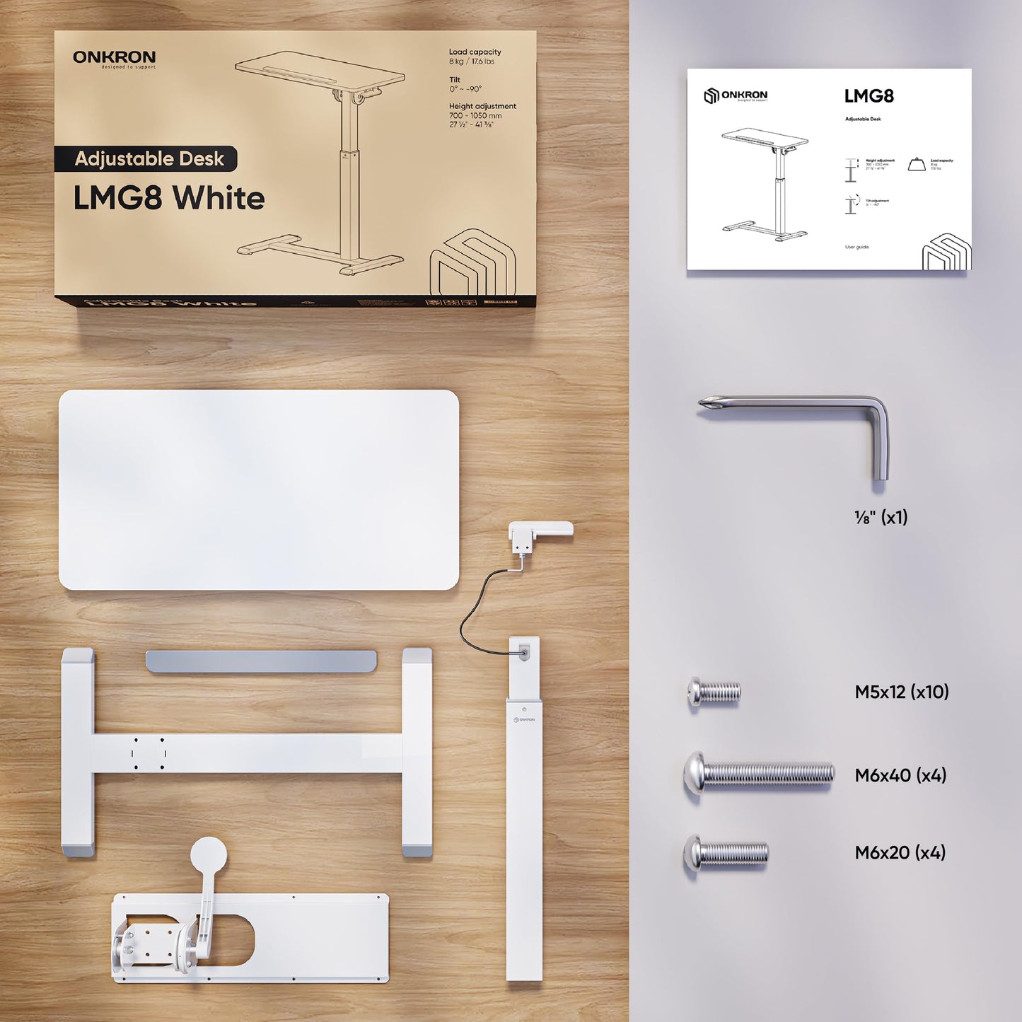 ONKRON Laptop Cart on Wheels, max Load 17.6 lbs, Small Rolling Table with Hidden Wheels, Mobile Standing Desk Adjustable Height, 90° Tilting Portable Workstation, Overbed Bedside Desk White
