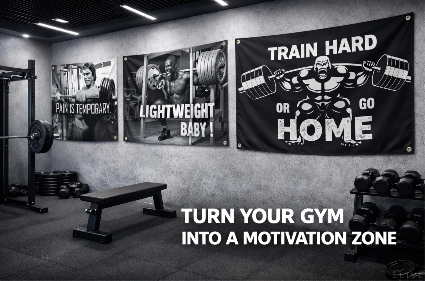 Set of 4 Motivation Gym 3x5 Polyester Flags with Four Brass Grommets - Inspire Your Workout with Single Sided Banner - Home Gym Decor for Room Guys and Man - Stay Motivated with Cool Motivation Art