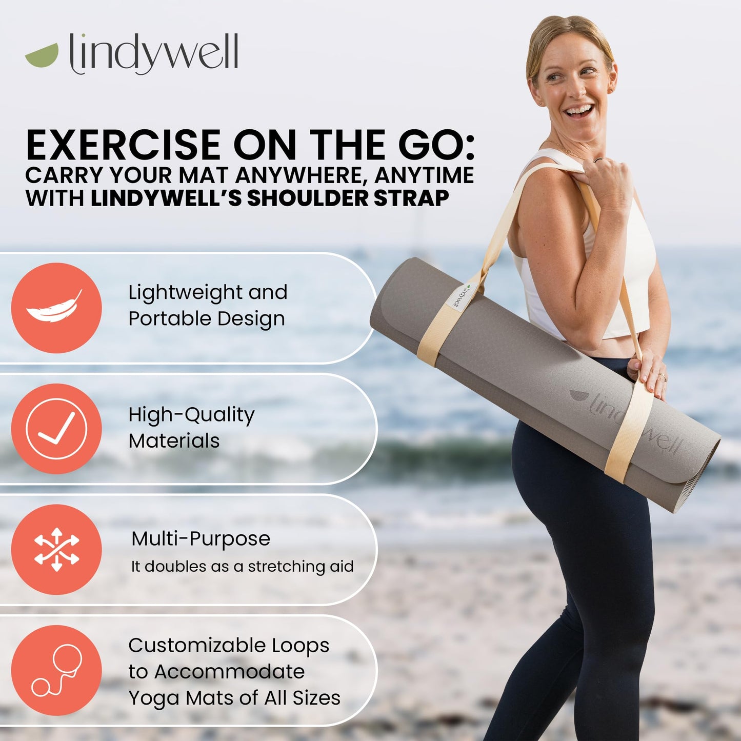 Lindywell Shoulder Strap - Universal Slip-On, Adjustable Carrying Yoga Straps - Fits Most Mats, Durable Nylon, Comfortable Yoga Mat Straps, Perfect for Gym, Home & Outdoor Workouts