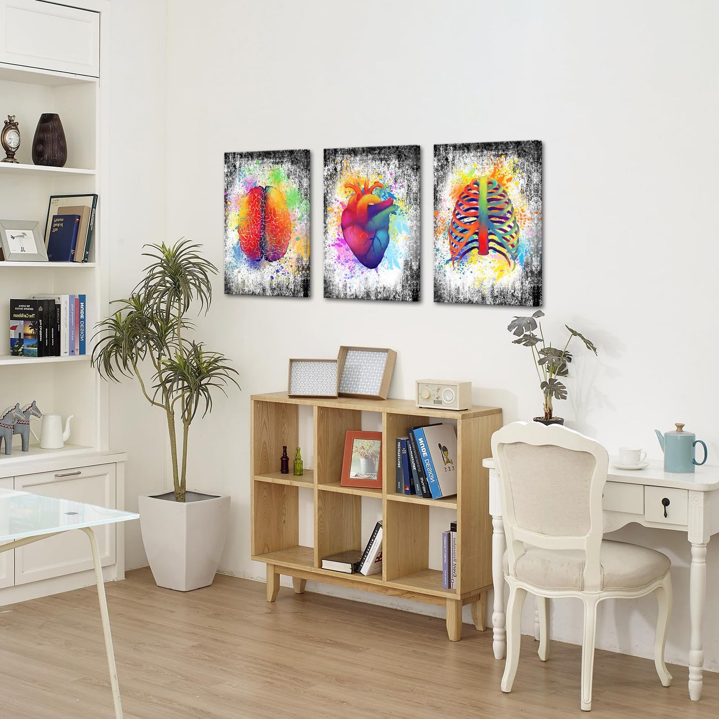 sechars Canvas Wall Art Human Brain Rib Cage Heart Painting Art for Medical Office Wall Decor Education Science Artwork Framed Gifts for Students Doctors (16x24inchesx3pcs)