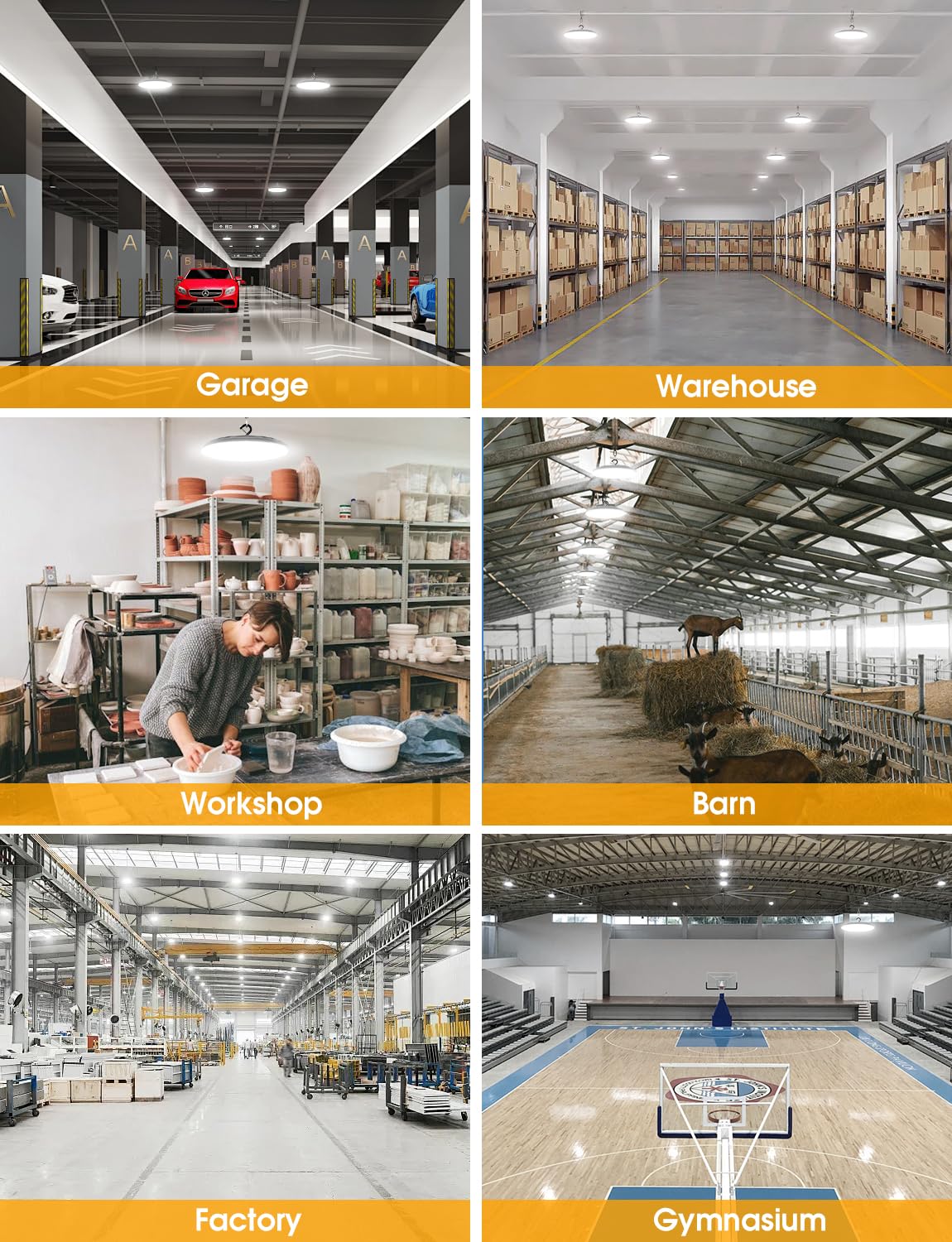 WILLGOTOP 150W 6 Pack UFO High Bay LED Shop Lights, 22500LM LED Garage Lights, Industrial Lighting, 6500K Daylight with US Plug, 110-275V IP66 Waterproof for Workshop, Warehouse, Barn, Factory