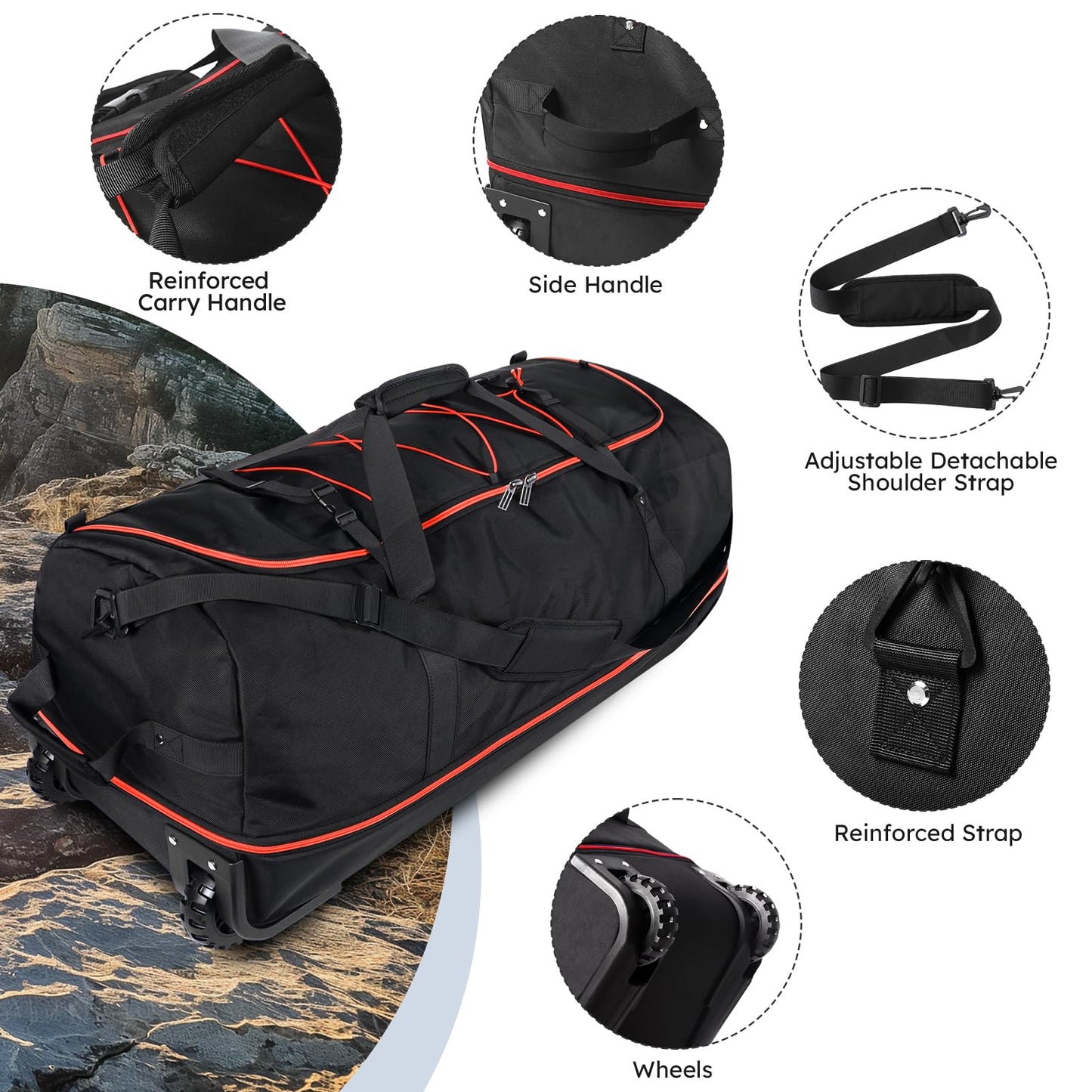 Vrtisa 110L Expandable to 140L 32” Foldable Oxford Soft-Sided Rolling Duffle Bag with 2 Heavy-Duty Wheels,2 Large Compartments,Adjustable Shoulder Strap and Attached Organizer Pouch,Black Red