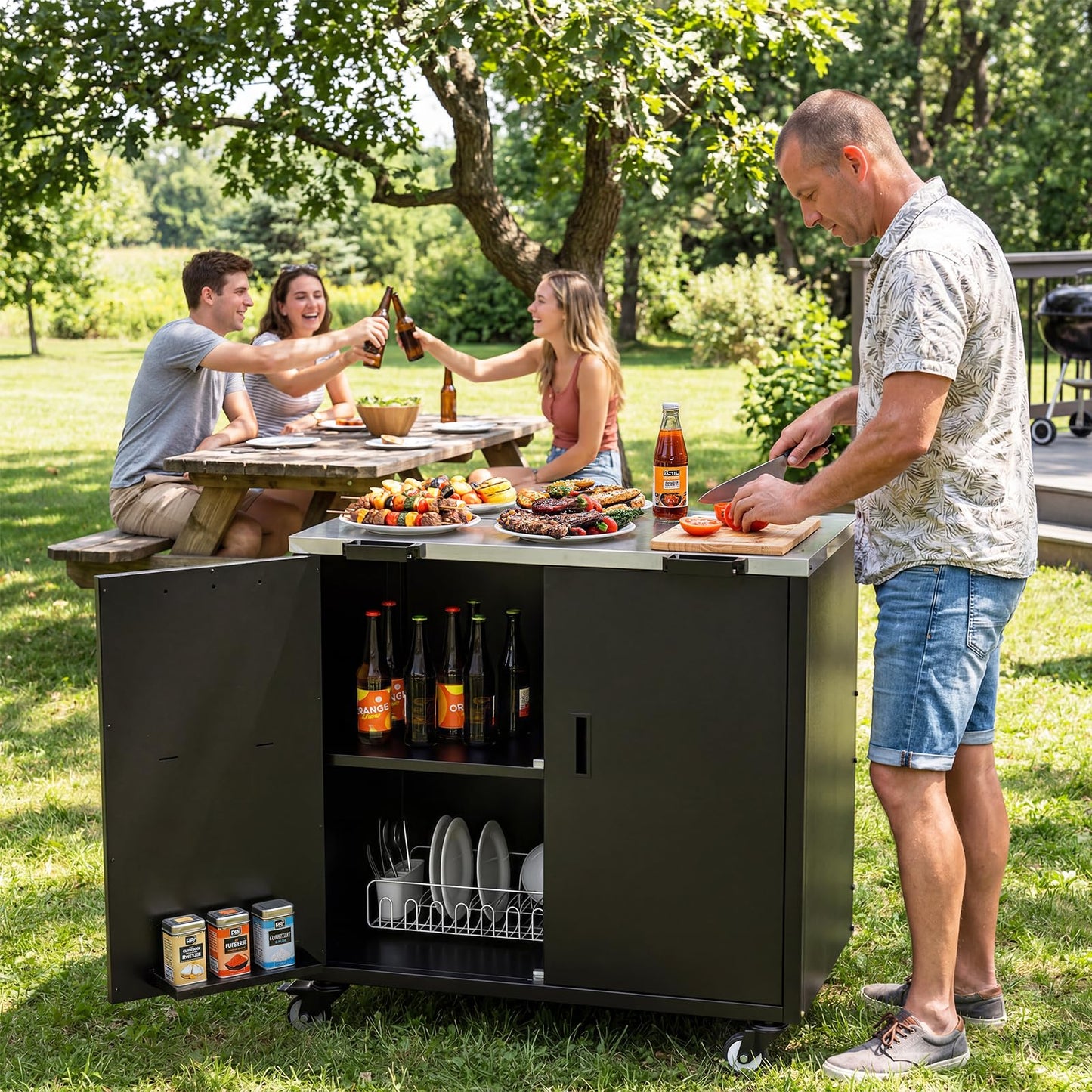 ADREAK Outdoor Grill Table, Movable Grill Cart with Door, Outdoor Grill Stand with Large Capacity & Hooks, 2 Tier Pizza Oven Table for Outdoor Use