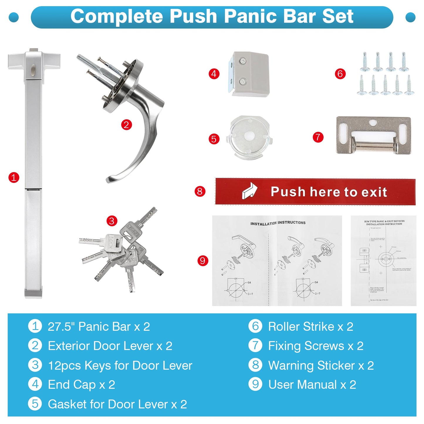 IRONWALLS Push Bar Panic Exit Device with Exterior Lever Keyed Alike, 2-Pack 27.5” Stainless Steel Panic Bar Lock Set for Commercial Door, Fire Emergency Exit Door Panic Hardware for Hotel, Hospital